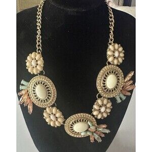 Gold Tone Statement Necklace Ivory Cabochon Peach Mint Rhinestone Bib